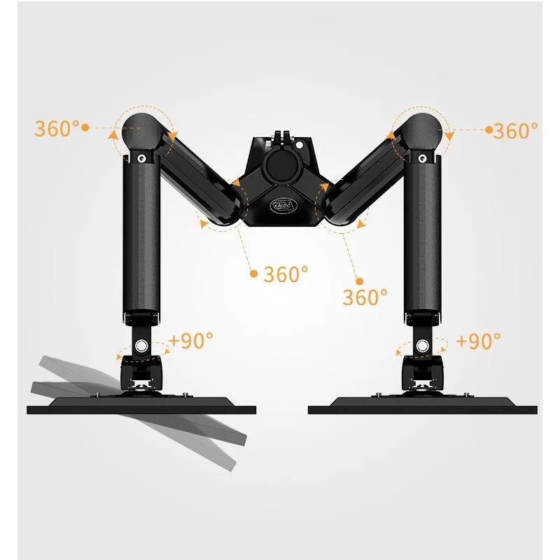 Diagram showing the 360-degree rotation and 90-degree swivel capabilities of the Kaloc DS90-2 dual monitor arm, available at LebTech Store with fast shipping throughout Lebanon