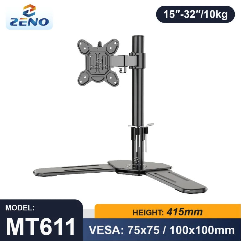 Zeno MT611 Single Monitor Arm specifications at LebTech Store Lebanon, showing support for 15-32 inch screens up to 10kg, a 415mm height adjustable pole, and VESA 75x75/100x100 compatibility for customers in Lebanon.