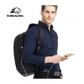 Man wearing a black backpack holding a phone with Kingsons logo above