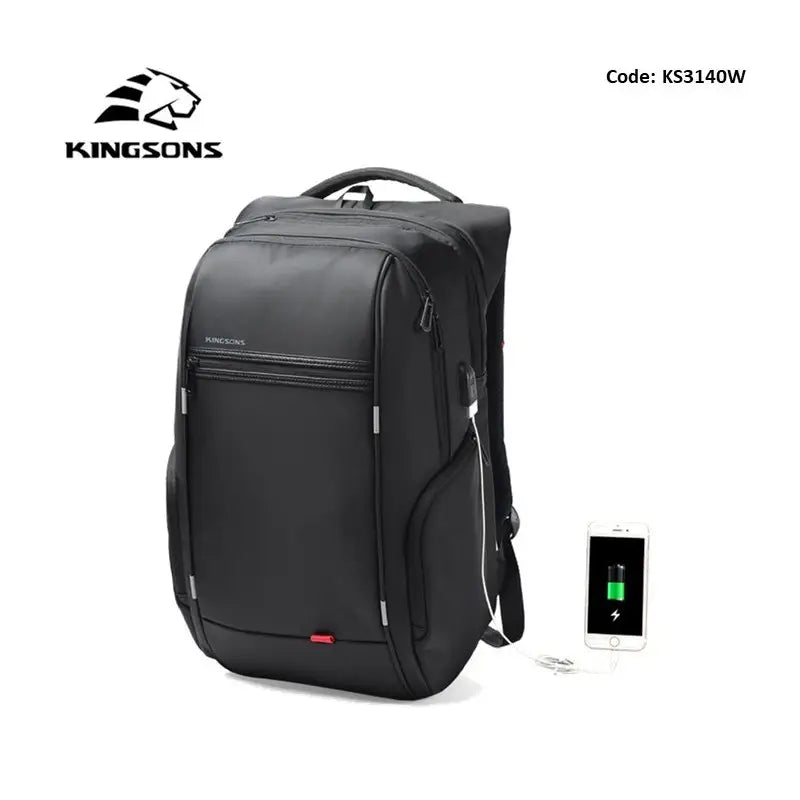 Black backpack with charging port and Kingsons logo on a white background