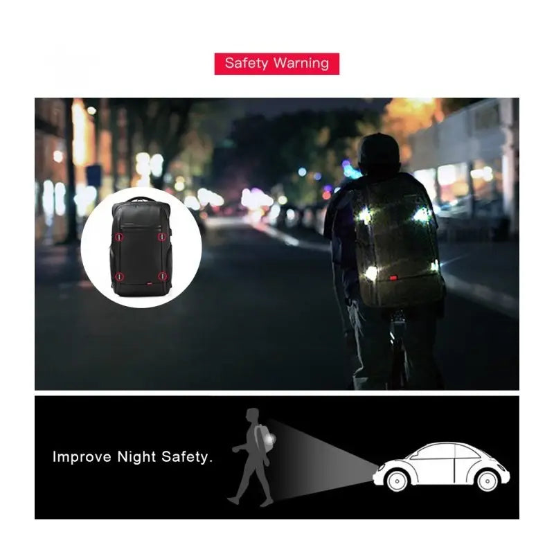 Person wearing a reflective safety vest on a city street at night, with a safety warning label.
