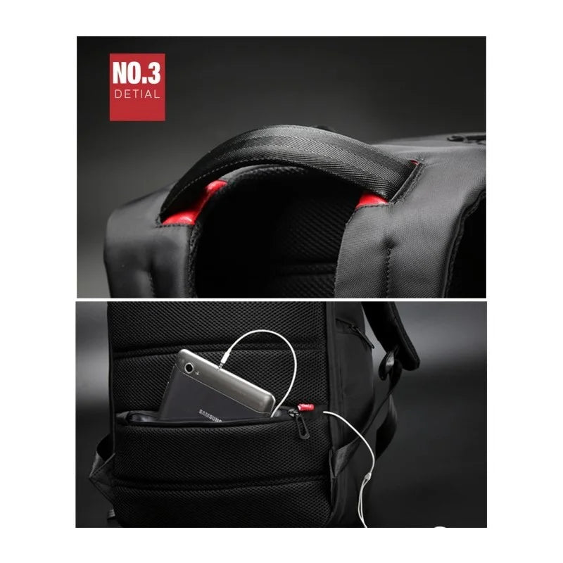 Black backpack with a pocket containing a phone and earbuds, on a dark background.