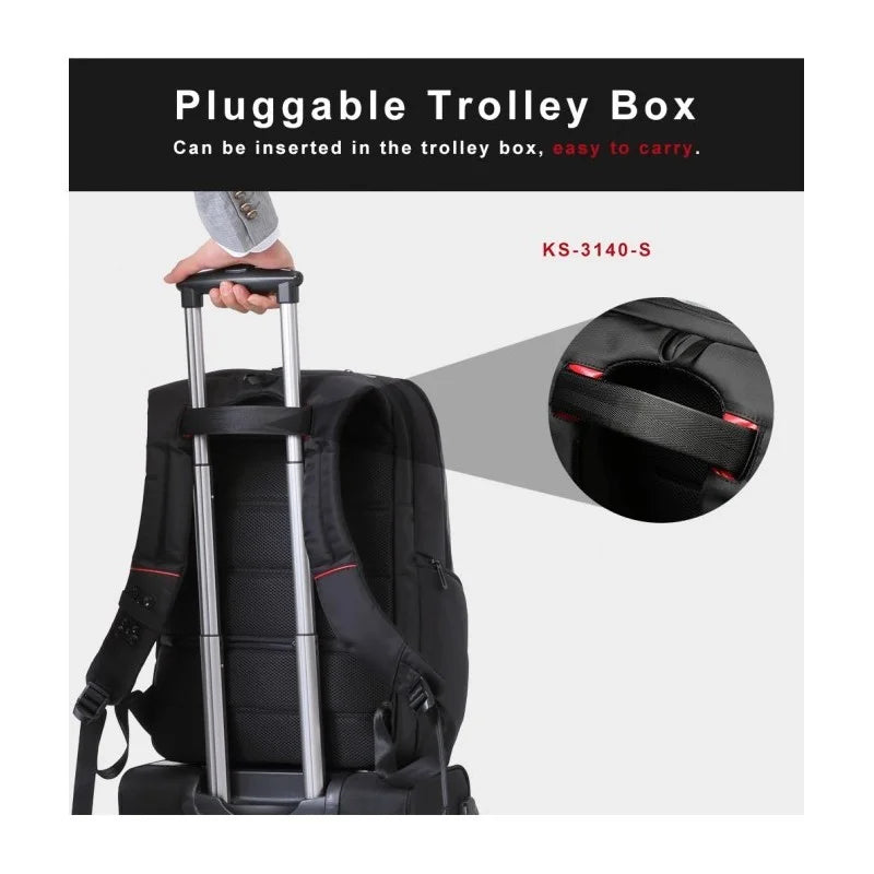 Black backpack with pluggable trolley box feature, showing a hand holding it.