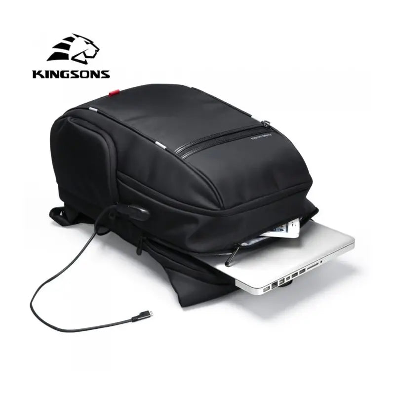 Black backpack with laptop compartment and Kingsons logo on a white background