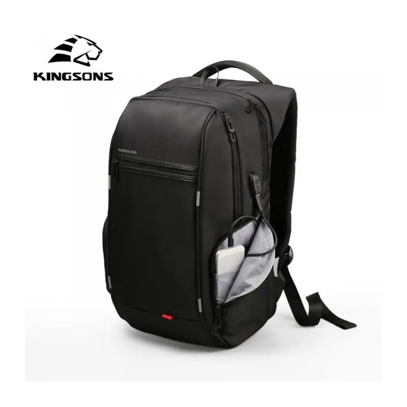 Black backpack with Kingsons logo on a white background