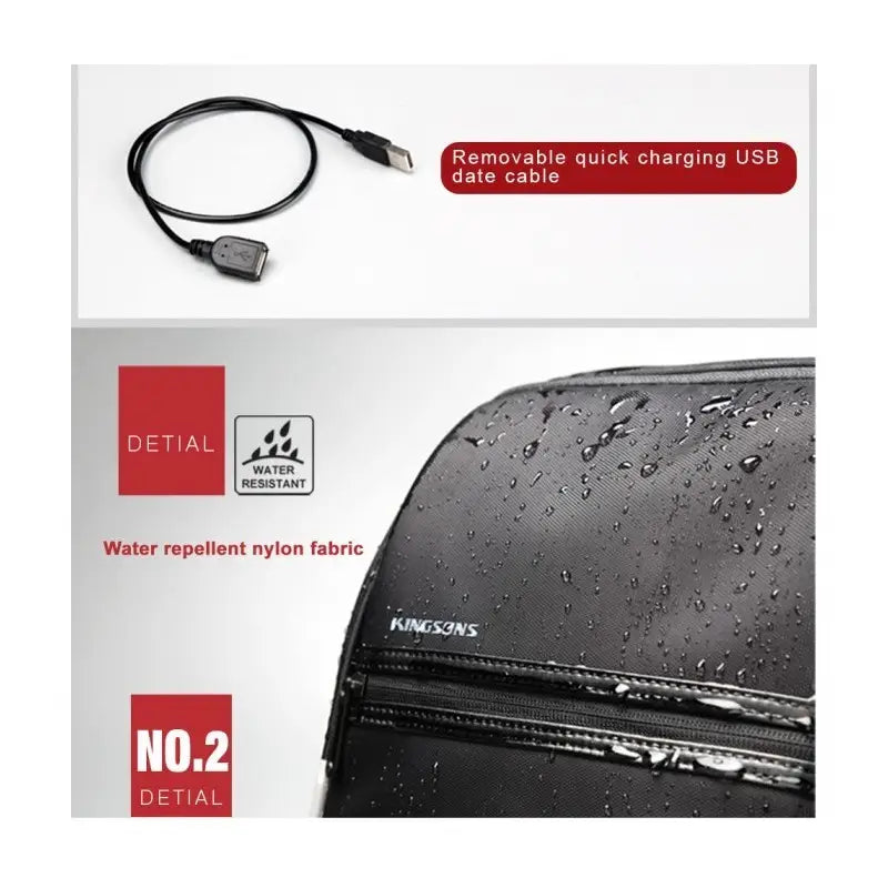 Kingsons water-resistant black bag with USB cable on packaging