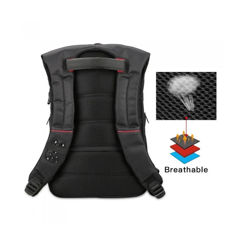 Black backpack with breathable feature highlighted on a white background