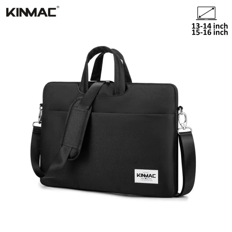 Black laptop bag with shoulder strap and KINMAC branding on a white background