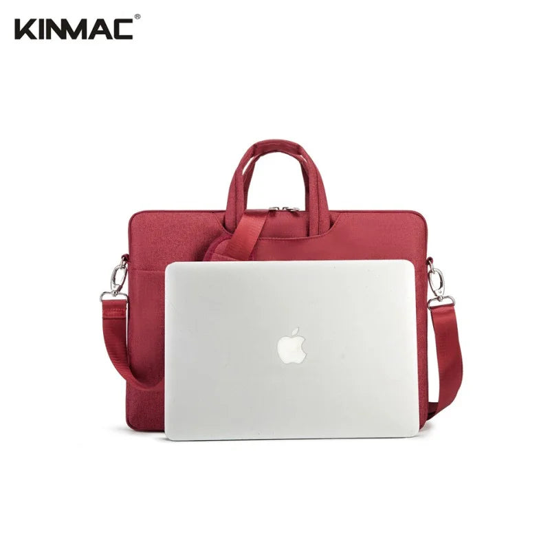 Red laptop bag with a white Apple laptop on a white background, featuring the KINMAC brand.