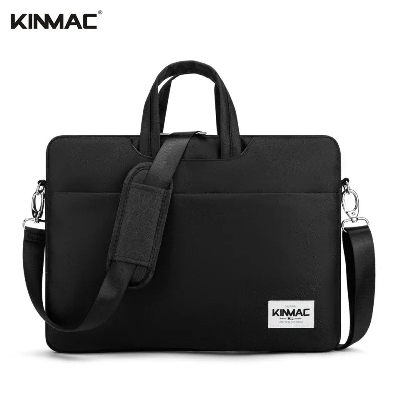 Black briefcase with shoulder strap and visible Kinmac branding on a white background