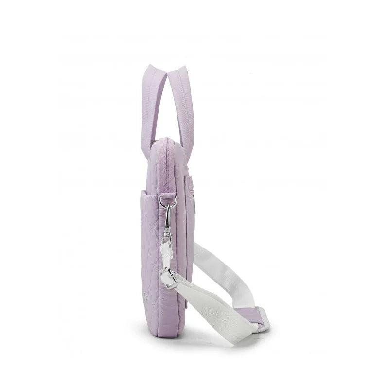 Purple backpack with a white strap on a white background