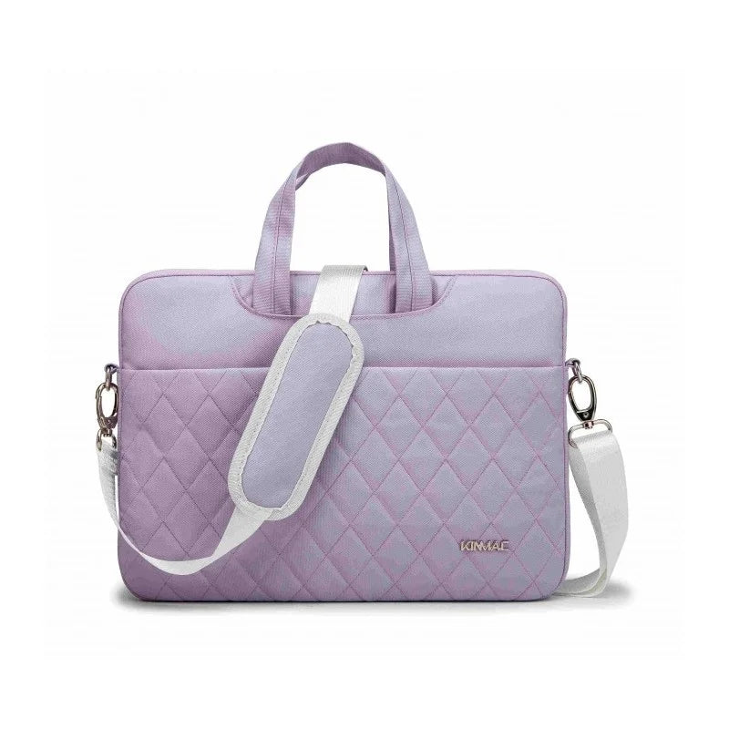 Purple quilted laptop bag with a white strap on a white background
