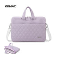 Purple quilted laptop bag with shoulder strap and visible 'KINMAC' branding on a white background.