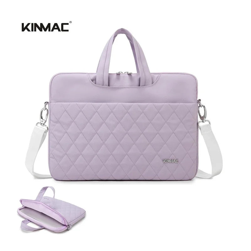 Purple quilted laptop bag with shoulder strap and visible 'KINMAC' branding on a white background.