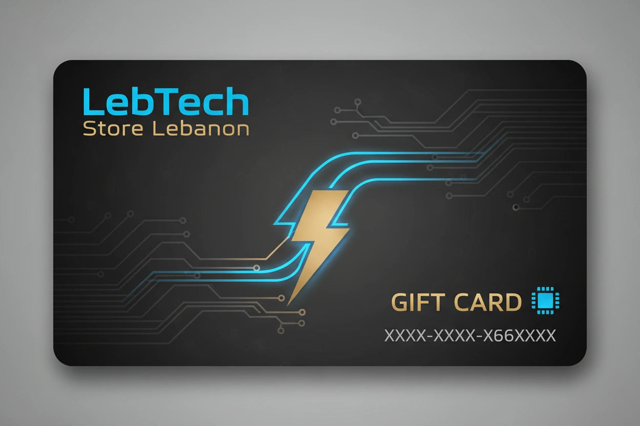 LebTech gift card with circuit design on a gray background