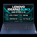 Lenovo IdeaPad Slim 3 15AMN8 Abyss Blue laptop open front view with specification graphic