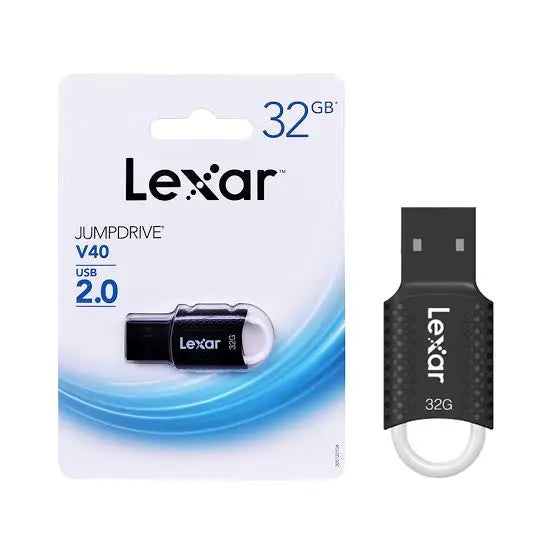 The official retail blister packaging box and standalone view of the Lexar JumpDrive V40 32GB USB 2.0 flash drive in black with a white lanyard loop, available at Lebtech Store with fast delivery across Lebanon.