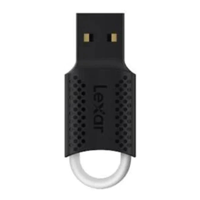 A vertical high-angle studio shot of the black Lexar JumpDrive V40 USB thumb drive, highlighting its embossed vertical branding logo and rear white hanging ring, offered by Lebtech Store with fast delivery across Lebanon.