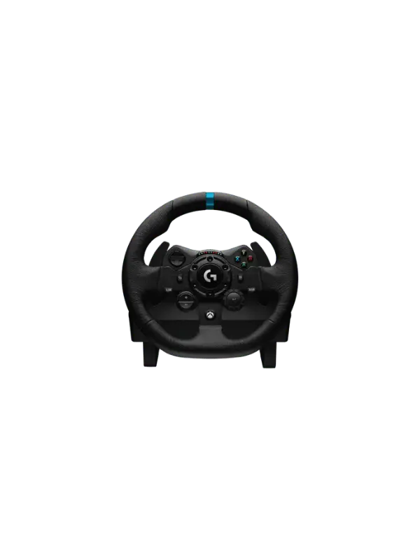 Front view of the Logitech G923 TRUEFORCE racing steering wheel featuring the hand-stitched leather cover and center control buttons, from Lebtech Store in Lebanon.