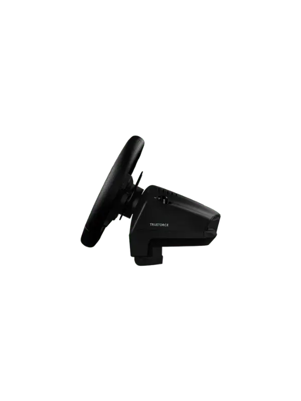 Side view profile of the Logitech G923 TRUEFORCE sim racing wheel showing the steering wheel angle, integrated metal paddle shifters, and TRUEFORCE logo on the motor base, from Lebtech Store in Lebanon.