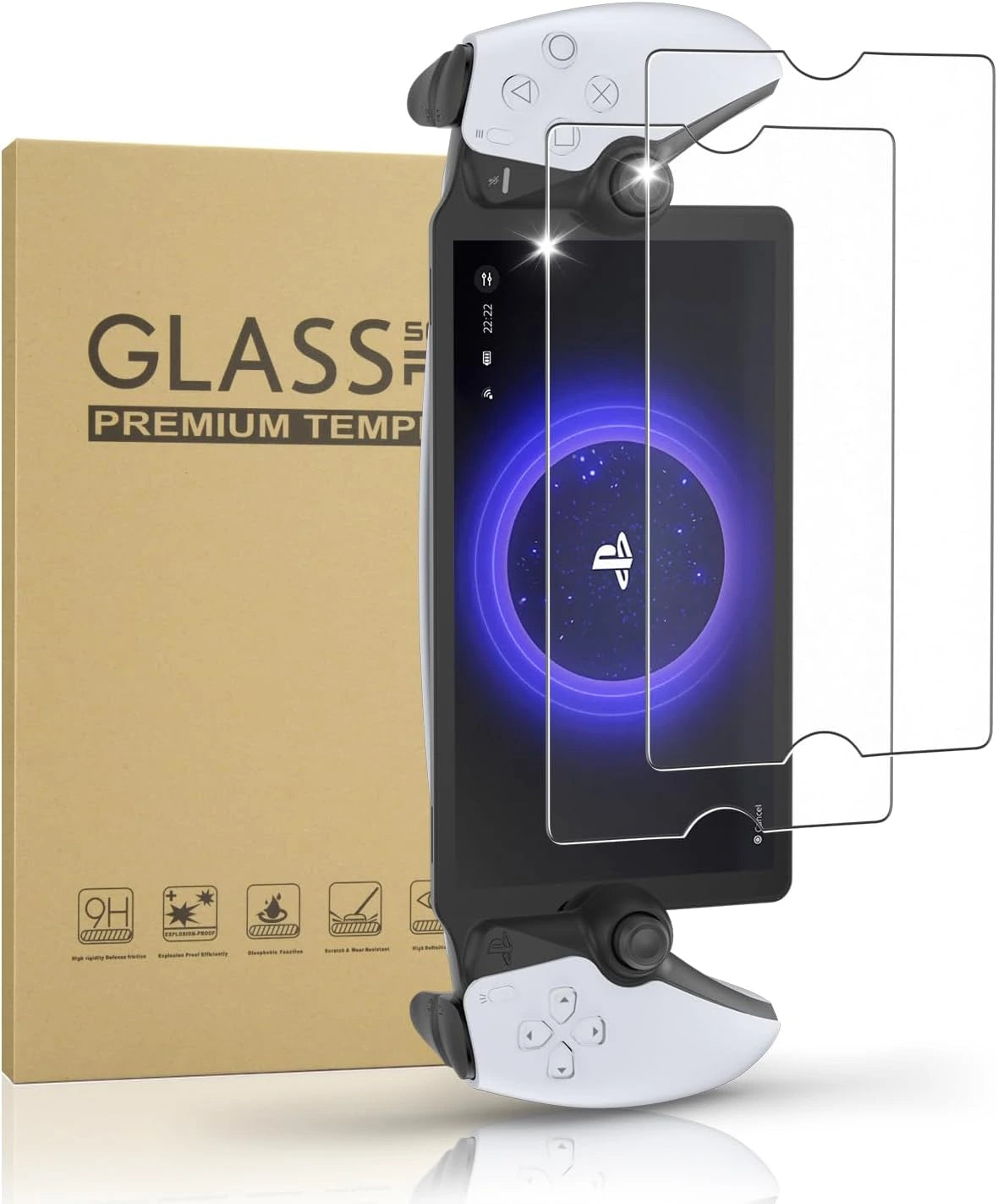 Lucky Fox LF-PQ01 HD Tempered Glass Screen Protector for PlayStation Portal shown with 9H hardness packaging and application on the device – available at Lebtech Store Lebanon