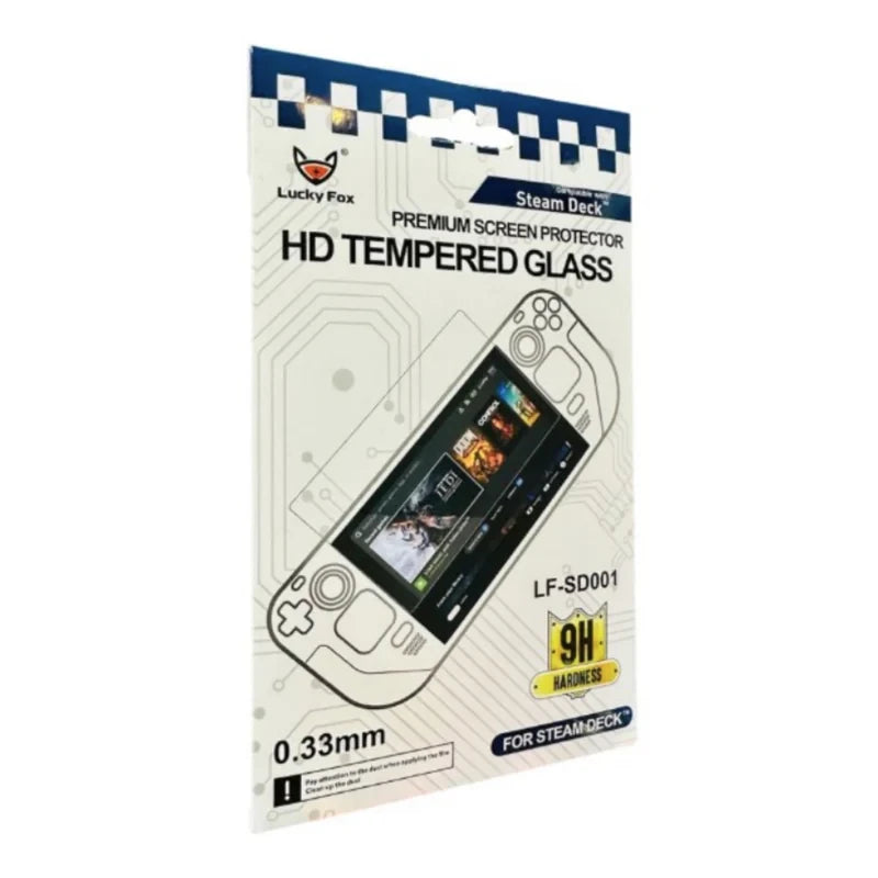 Lucky Fox HD Tempered Glass Screen Protector for Steam Deck showing 9H hardness and 0.33mm thickness packaging - Lebtech Store Lebanon.