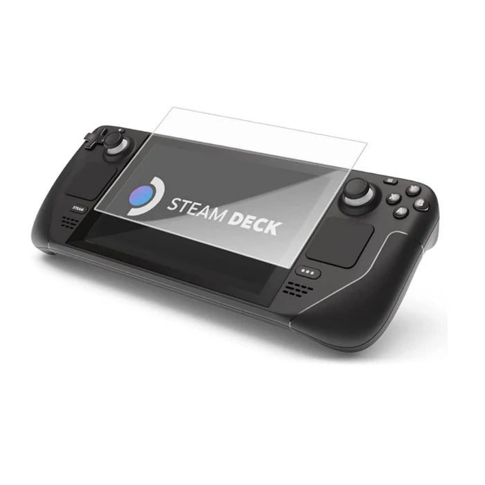 Lucky Fox Tempered Glass Screen Protector showing clear application view on a Steam Deck console - Lebtech Store Lebanon.