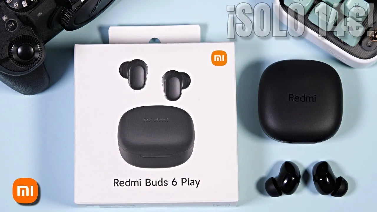 Redmi Buds 6 Play wireless earbuds with packaging and charging case on a light blue background.