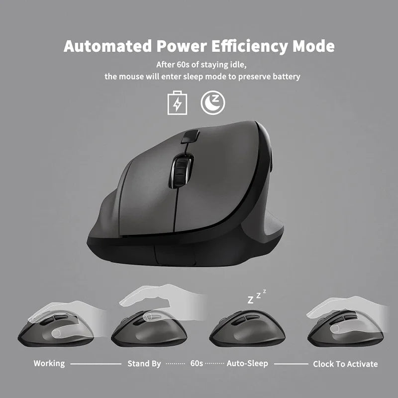A black Micropack MP-V01W vertical ergonomic mouse from LebTech Store Lebanon highlighting its Automated Power Efficiency Mode. The diagram explains that the mouse enters an auto-sleep mode after 60 seconds of inactivity to preserve battery, and can be instantly reactivated with a simple click.
