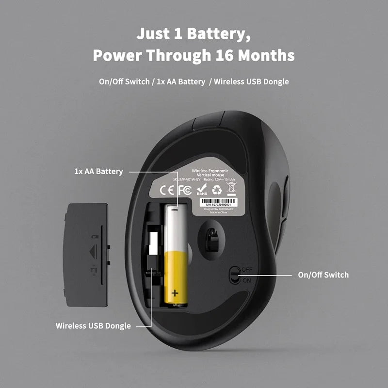 The bottom view of a black Micropack MP-V01W vertical ergonomic mouse from LebTech Store Lebanon, showcasing its battery compartment. The image highlights that it requires just one AA battery for up to 16 months of power and includes an on/off switch and a storage slot for the wireless USB dongle.