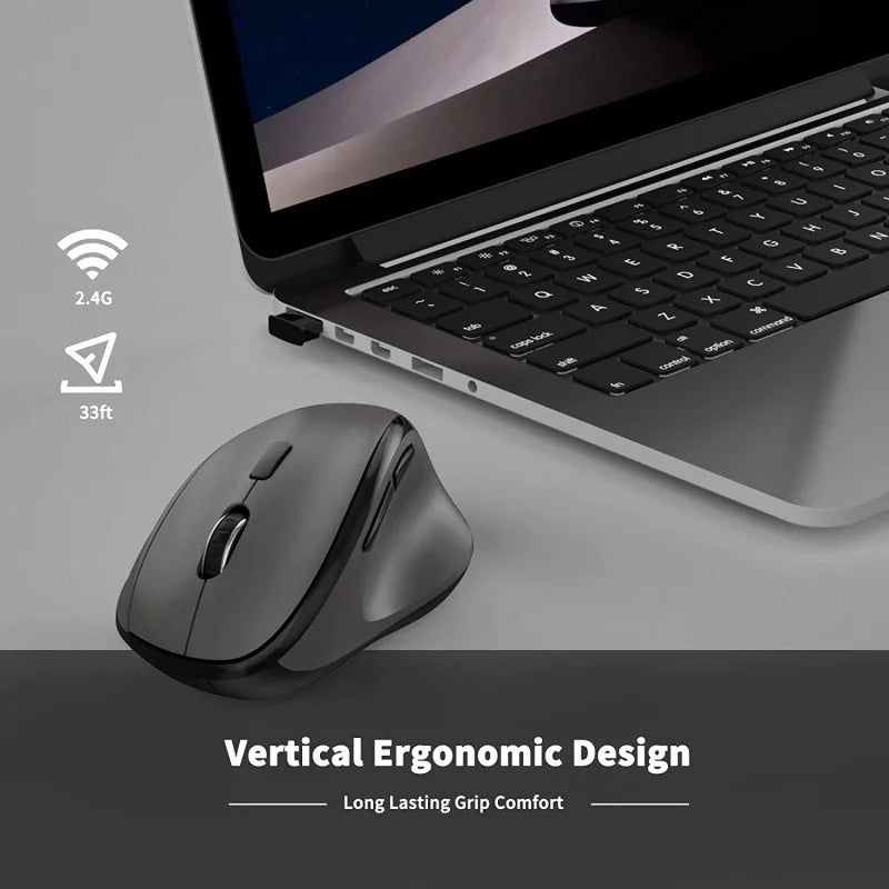 A lifestyle image of the black Micropack MP-V01W vertical ergonomic mouse being used with a laptop, available at LebTech Store Lebanon. The image highlights its 2.4GHz wireless connectivity with a 33ft range and emphasizes the vertical design for long-lasting grip comfort during work.