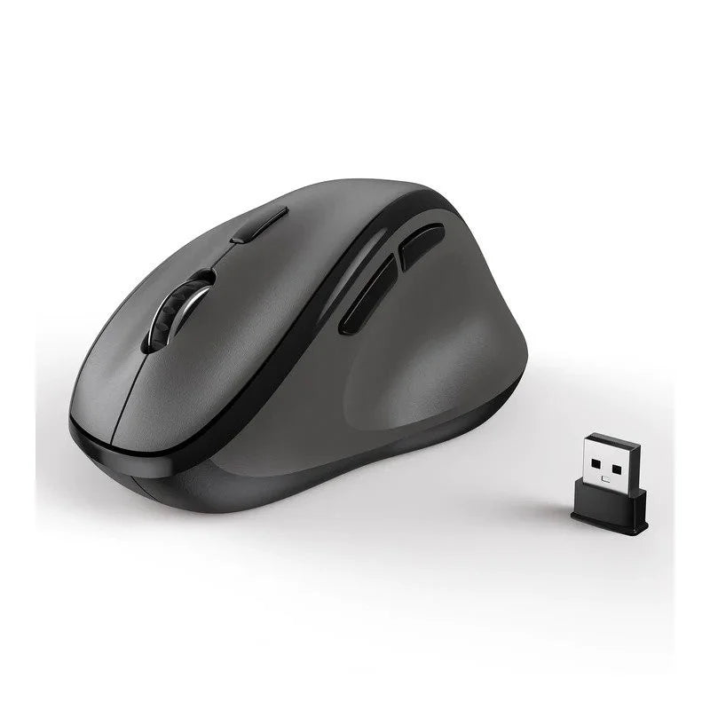 A black Micropack MP-V01W Ergonomic Wireless Mouse from LebTech Store Lebanon, shown from a side angle to highlight its vertical design and side buttons. The product is pictured with its compact black USB nano receiver.