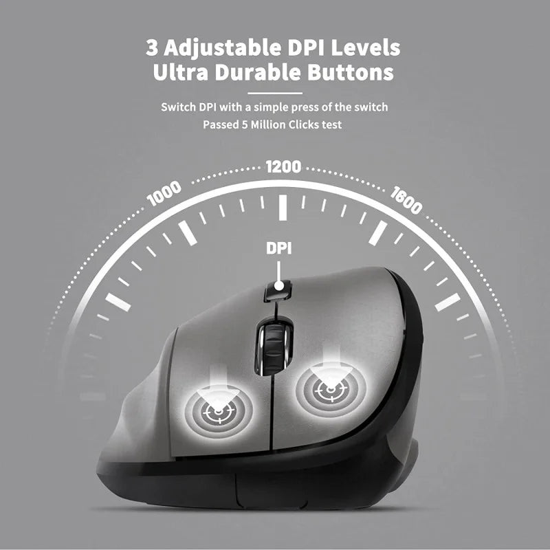 A feature highlight image of the black Micropack MP-V01W vertical ergonomic mouse from LebTech Store Lebanon. The graphic showcases its 3 adjustable DPI levels (1000, 1200, and 1600) for precision control and emphasizes its ultra-durable buttons, which have passed a 5-million-click test.
