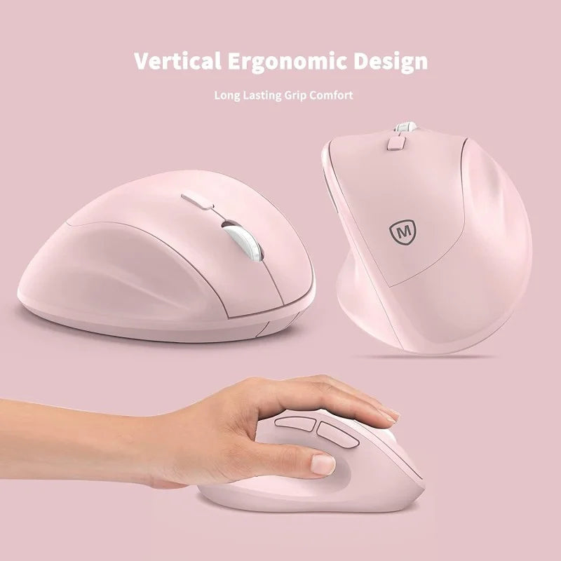 A pink Micropack MP-V01W vertical ergonomic mouse from LebTech Store Lebanon. The image shows the mouse from multiple angles and in use, highlighting its vertical ergonomic design and contoured shape intended for long-lasting grip comfort and reduced wrist strain.