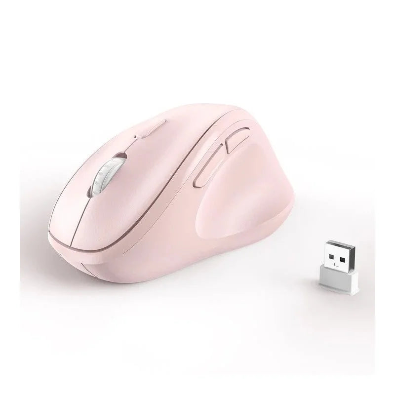 A pink Micropack MP-V01W Ergonomic Wireless Mouse from LebTech Store Lebanon, shown from a side profile to emphasize its vertical, wrist-friendly contour and side navigation buttons. The image also displays its compact white USB nano receiver.
