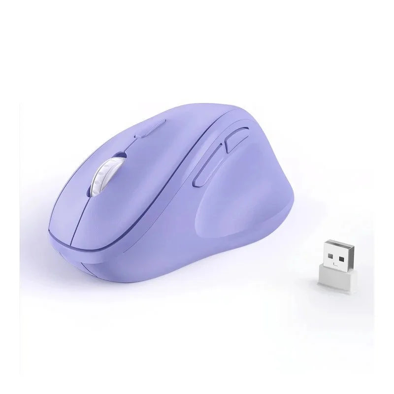 A purple Micropack MP-V01W Ergonomic Wireless Mouse from LebTech Store Lebanon, shown from a side angle to highlight its vertical, contoured design and side navigation buttons. The compact USB receiver is pictured alongside the mouse, showcasing its wireless setup.