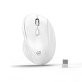 A white Micropack MP-V01W Ergonomic Wireless Mouse from LebTech Store Lebanon. The image shows the vertical, contoured design of the mouse next to its compact USB receiver, highlighting its ergonomic shape built for wrist comfort and reduced strain.