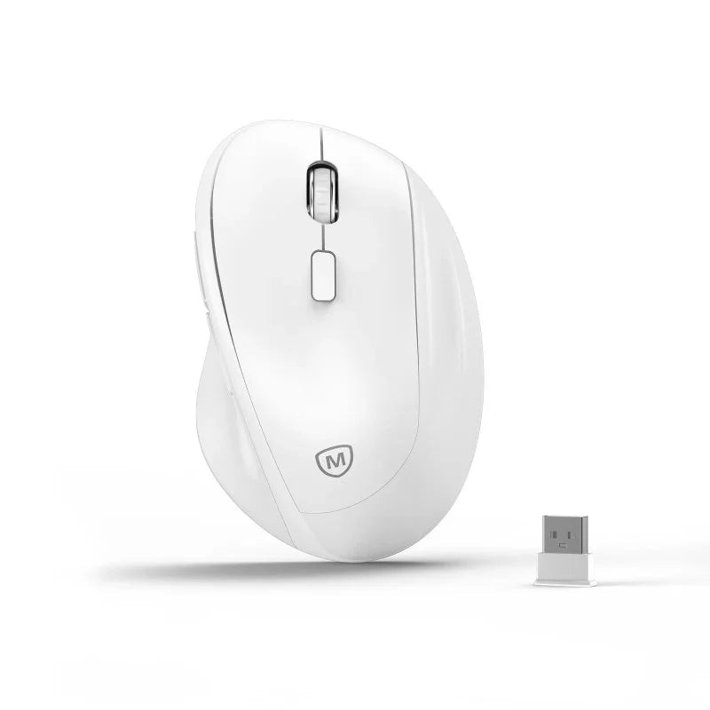 A white Micropack MP-V01W Ergonomic Wireless Mouse from LebTech Store Lebanon. The image shows the vertical, contoured design of the mouse next to its compact USB receiver, highlighting its ergonomic shape built for wrist comfort and reduced strain.