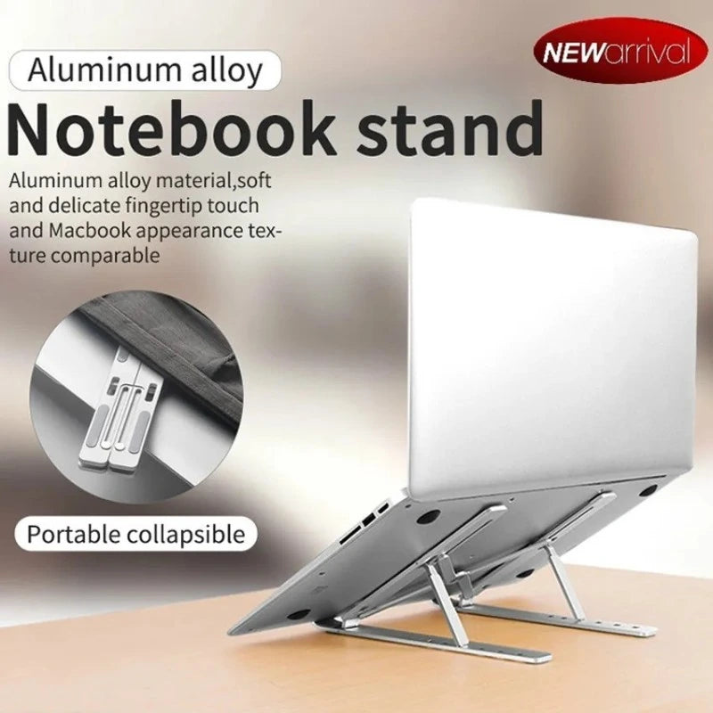 Mikuso LS-060 laptop stand supporting a laptop on a desk, with an inset showing the folded stand