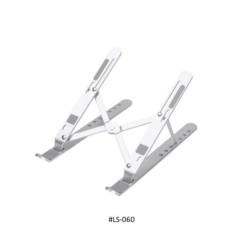 Mikuso LS-060 silver laptop stand unfolded, showing adjustable support arms and silicone pads