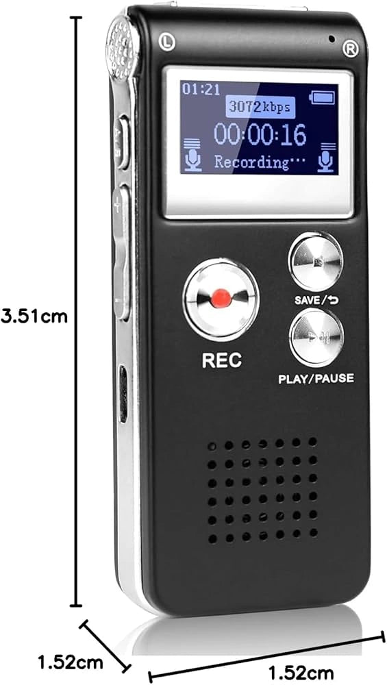 A detailed product size breakdown showing the compact dimensions of the mini digital voice recorder with an active LCD status screen showing audio bit-rate data from LebTech Store.