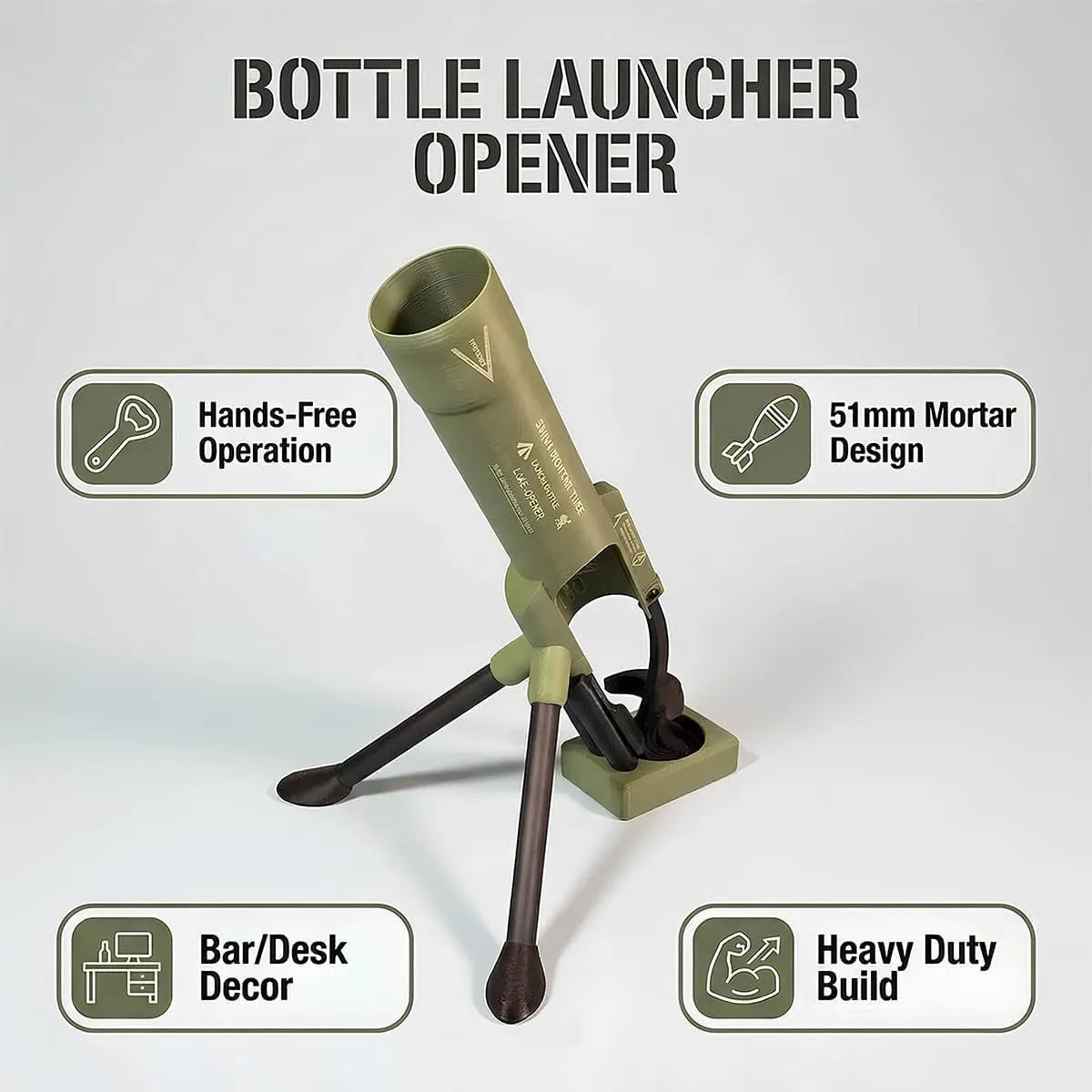 Lebtech Mini Mortar Cannon Beer Cap Launcher Opener infographic showing core features from Lebtech Store Lebanon