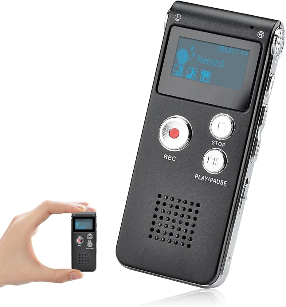  A close-up view of the slim digital voice recorder alongside a hand holding the device to demonstrate its ultra-compact, lightweight, and pocket-sized design for discrete recording, available from LebTech Store.