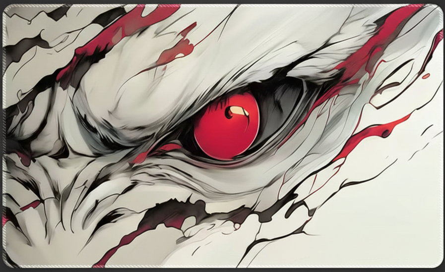 Close-up of a creature's face with a red eye, featuring white, black, and red colors.