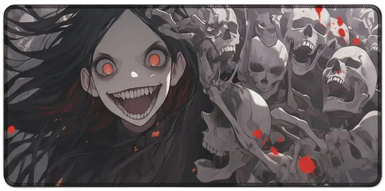Anime character with dark hair and red eyes surrounded by skulls on a black background