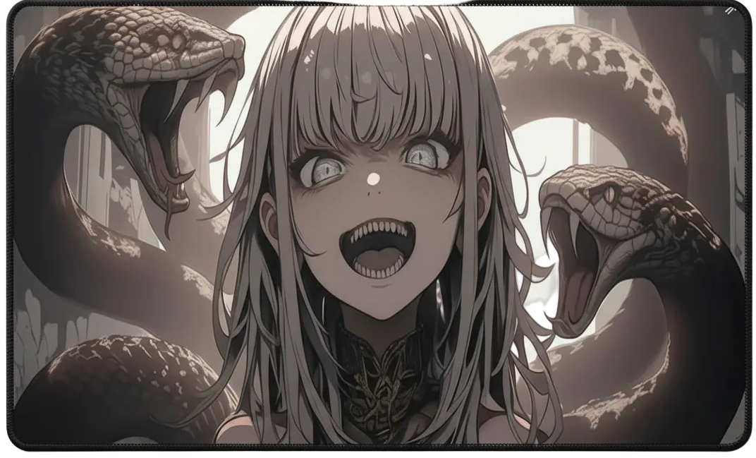 Anime-style character with long hair and snakes around her, in a dark and moody setting.