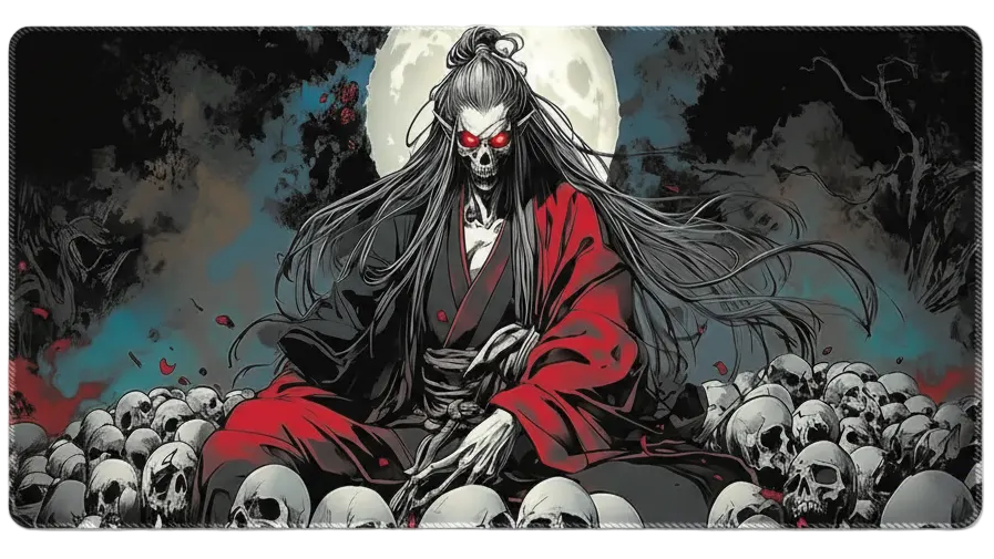 Artistic depiction of a character with long hair and red eyes sitting on skulls against a dark background.