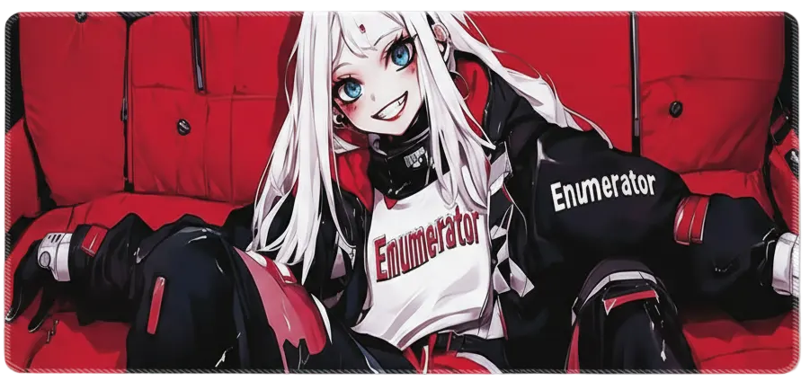 Anime character with white hair and blue eyes sitting on a red couch, wearing a black jacket with 'Enumerator' text.