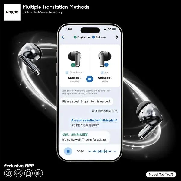 Moxom MX-TW78 AI Translator Wireless Earbuds displaying real-time English and Chinese conversation translation inside the exclusive smartphone app at Lebtech Store Lebanon.
