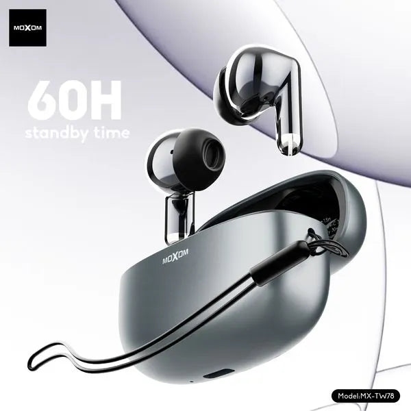 Moxom MX-TW78 AI Translator Wireless Earbuds and metallic charging case with lanyard highlighting the 60-hour standby battery time feature at Lebtech Store Lebanon.